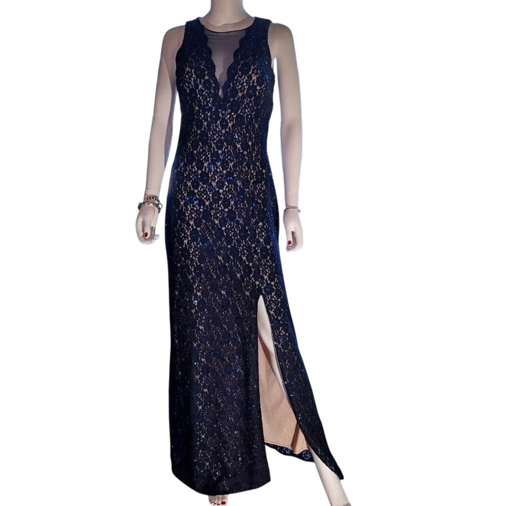 Nightway Woman Navy Nude Sequin Lace Gown Maxi Sleeveless V-Neck Dress 16W NWT